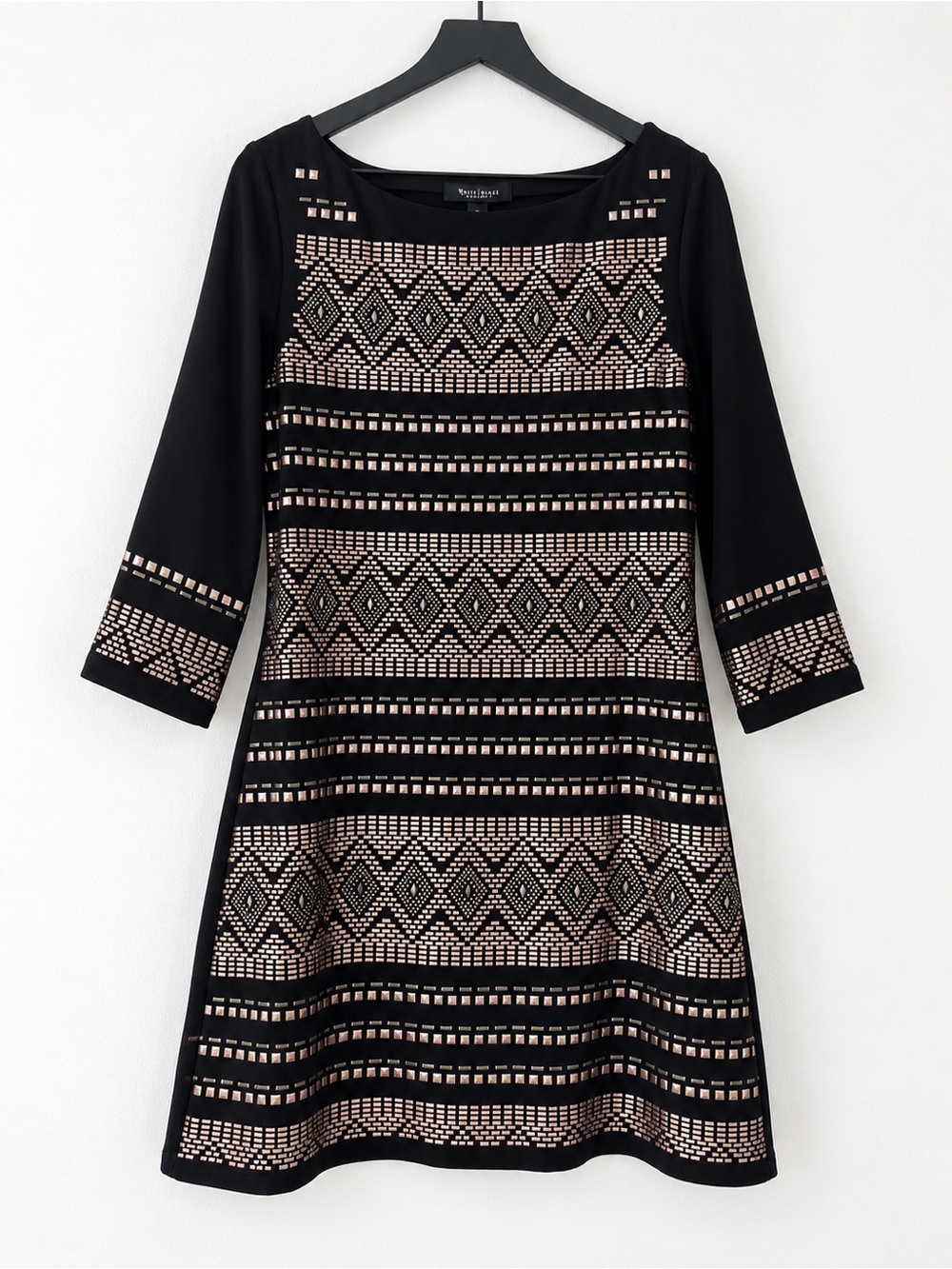 White House Black Market Black Long-Sleeve Dress with Metallic Rose Accents